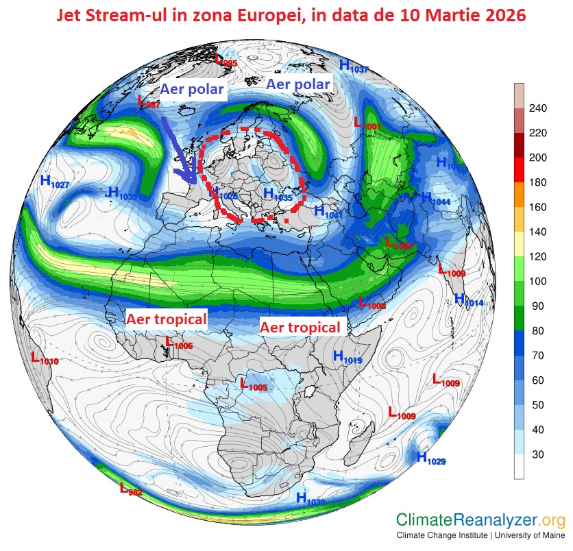 Jet Stream-ul în zona Europei, în data de 10 Martie 2026