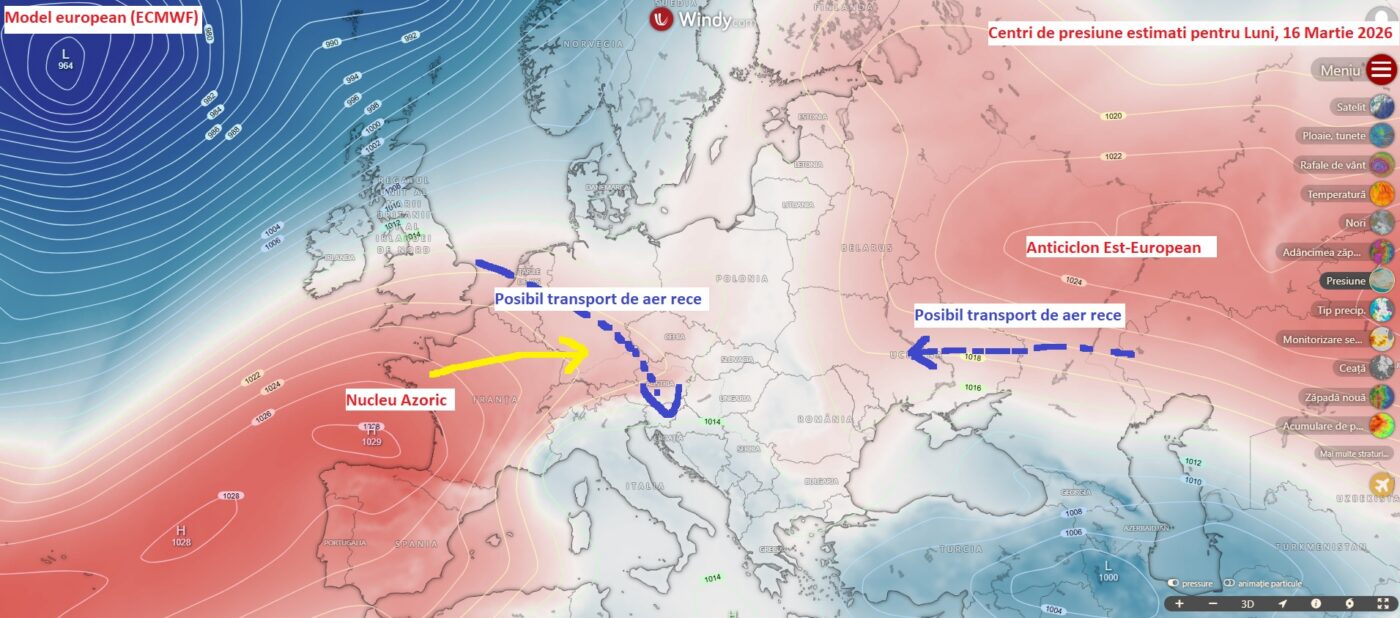 Centri de presiune estimati pentru Luni, 16 Martie 2026