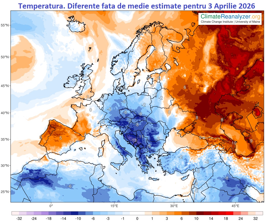 Diferente fata de normal ale valorilor de temperatura estimate pentru 3 Aprilie 2026