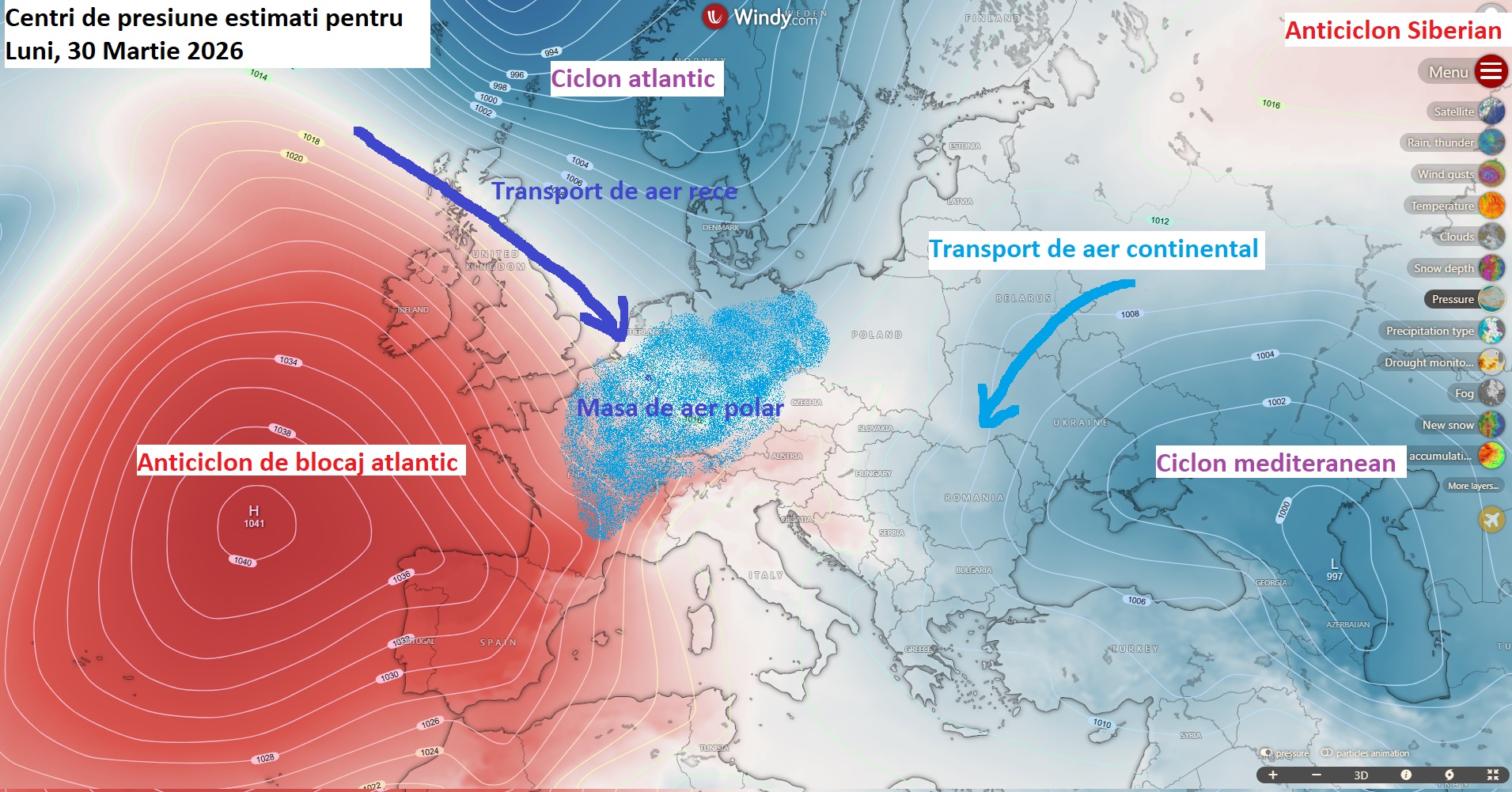 Centri de presiune estimati pentru Luni, 30 Martie 2026