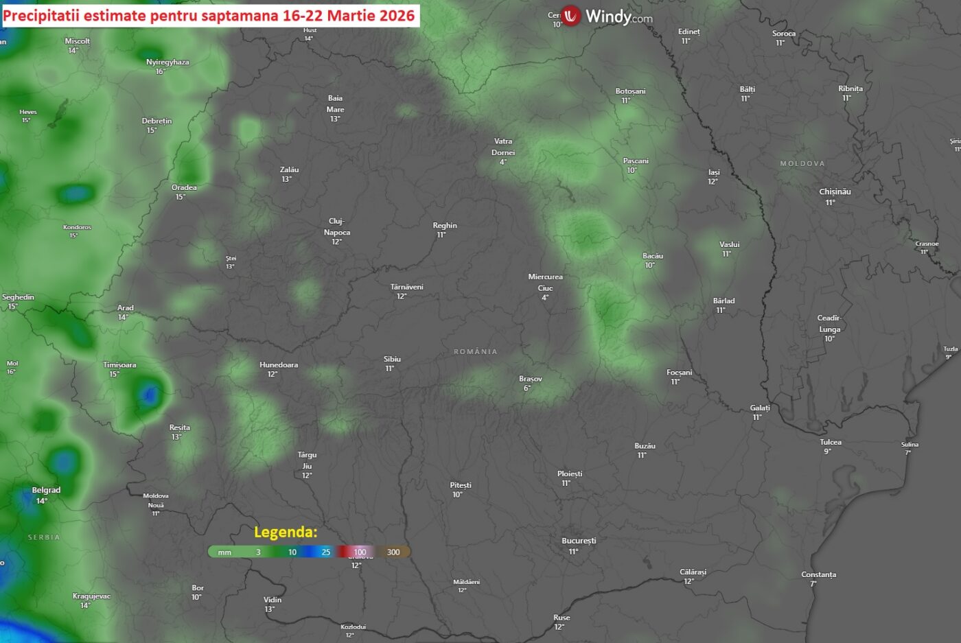 Precipitații estimate pentru săptămâna 16-22 Martie 2026