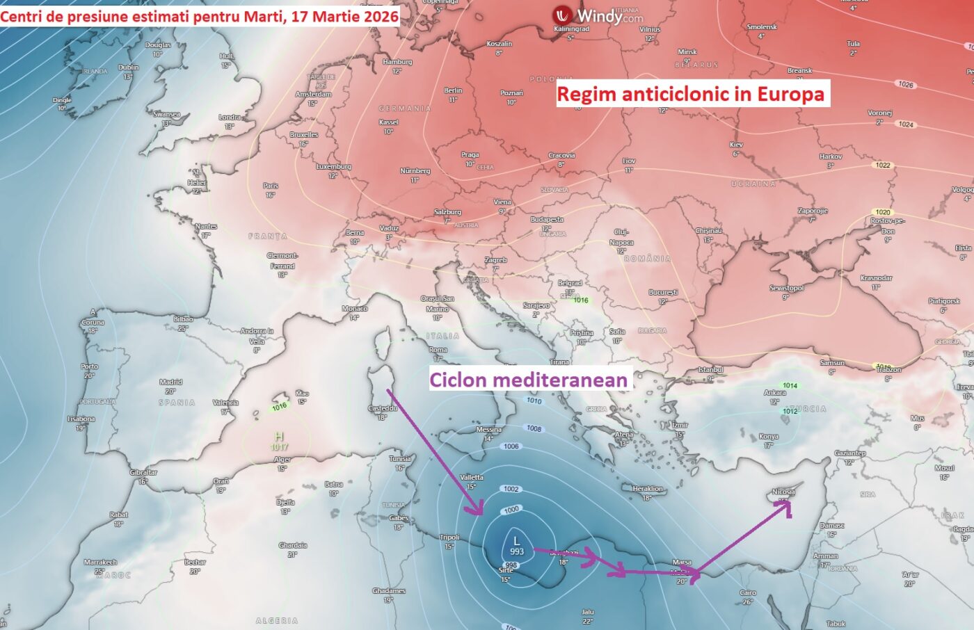 Centri de presiune estimați pentru Marți, 17 Martie 2026