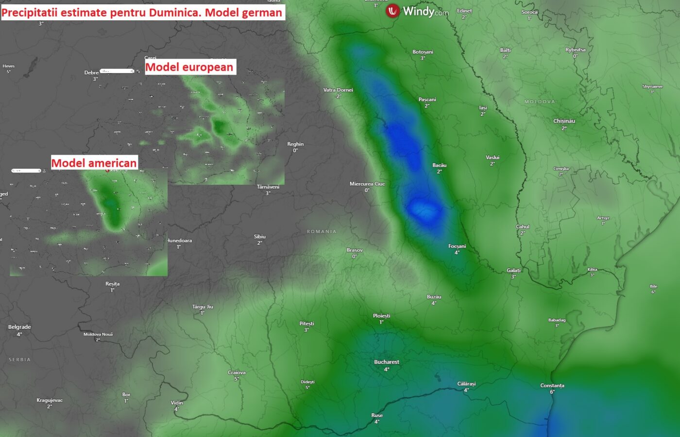 Cantități de precipitații estimate de principalele modele pentru Duminică, 22 Martie 2026