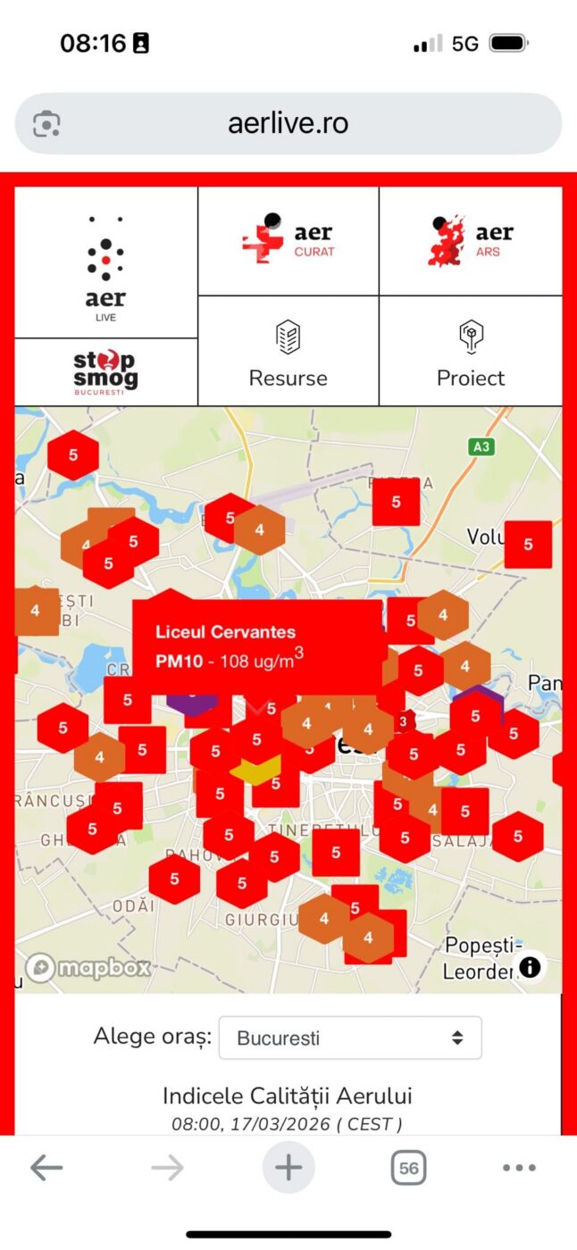 Nivel particule PM10 inregistrat in dimineata zilei de Marti, 17 Martie 2026