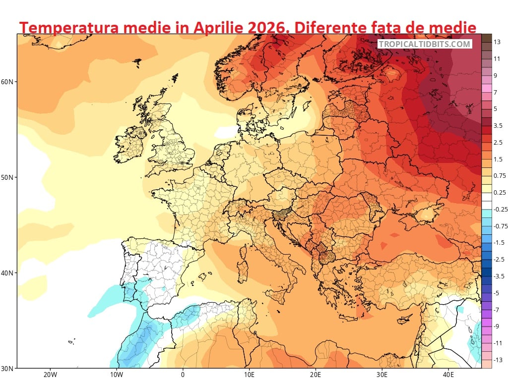 Temperatura estimată pentru Aprilie 2026. Diferențe față de medie