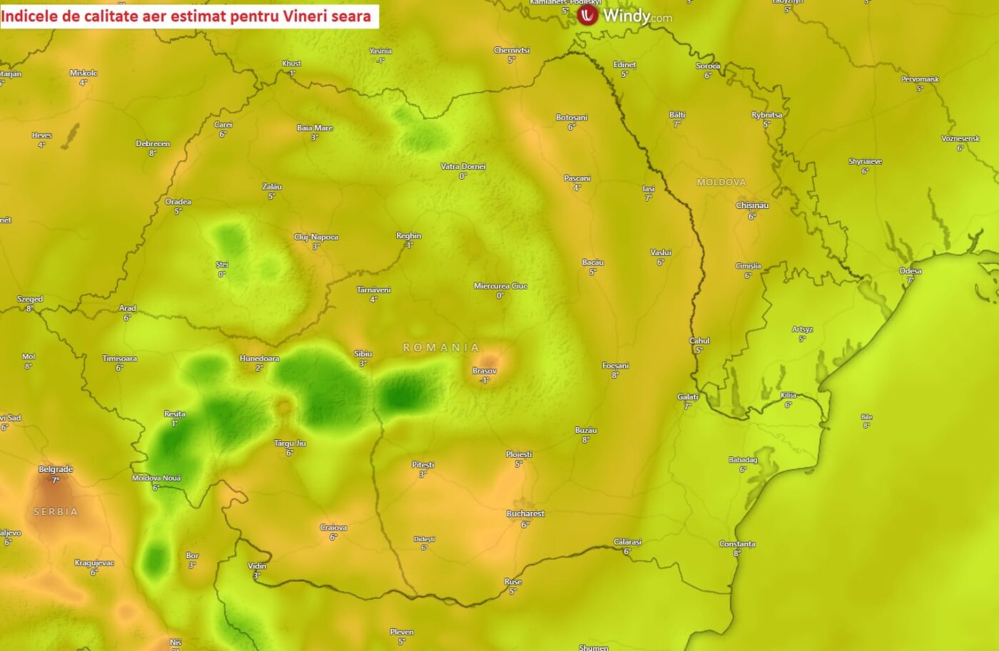Indicele de calitate a aerului estimat pentru Vineri seara