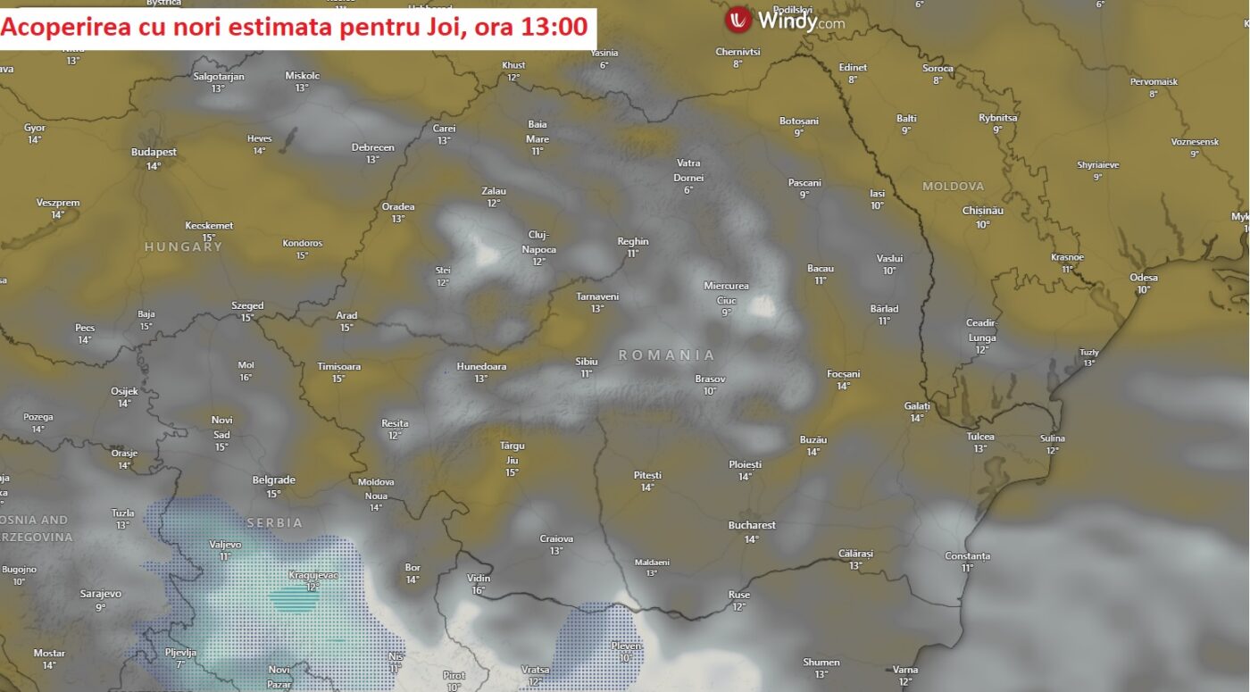 Acoperirea cu nori, estimata pentru Joi, 5 Martie, ora 13:00