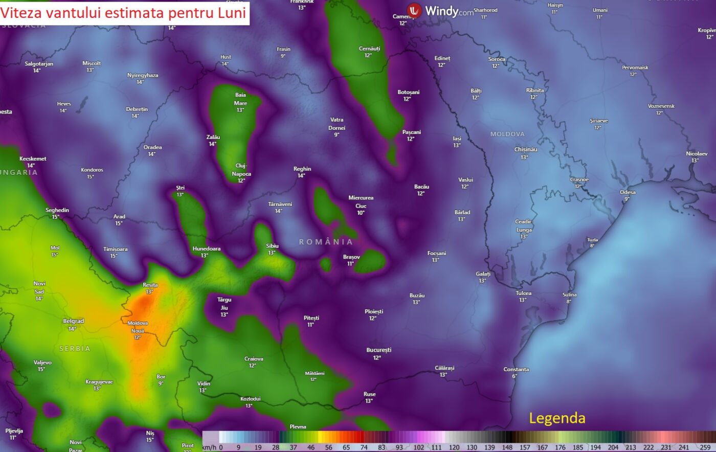 Viteza vantului la rafala Luni, 9 martie 2026