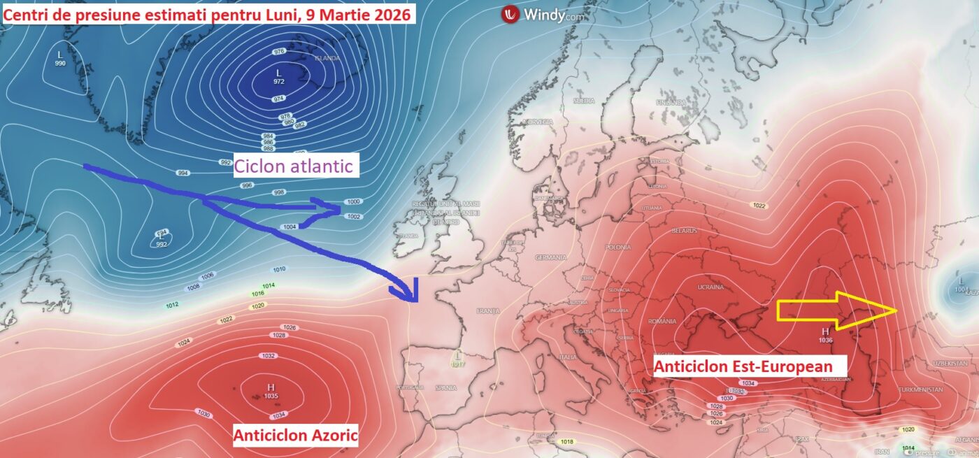 Centri de presiune estimati pentru Luni, 9 Martie
