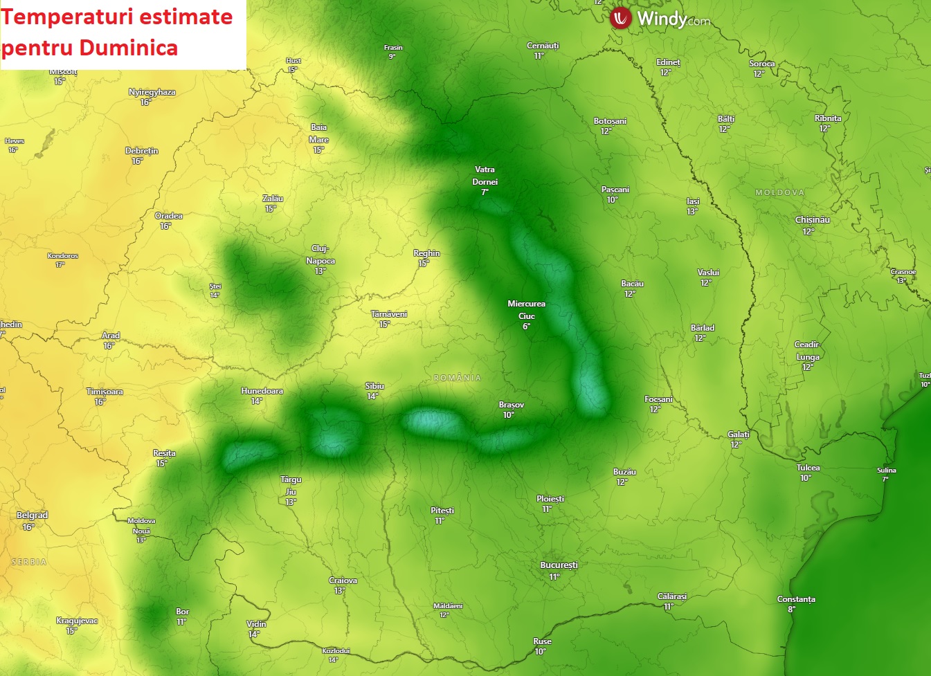 Temperaturi estimate pentru Duminica, 15 Martie 2026