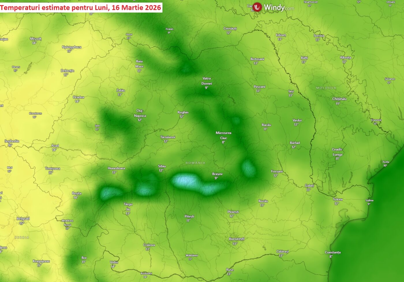 Temperaturi estimate pentru Luni, 16 Martie 2026