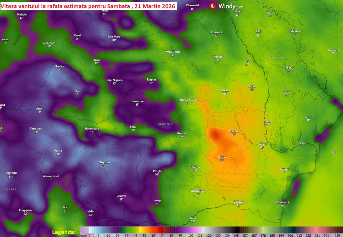 Viteza vântului la rafală, estimată pentru Sâmbătă, 21 Martie 2026