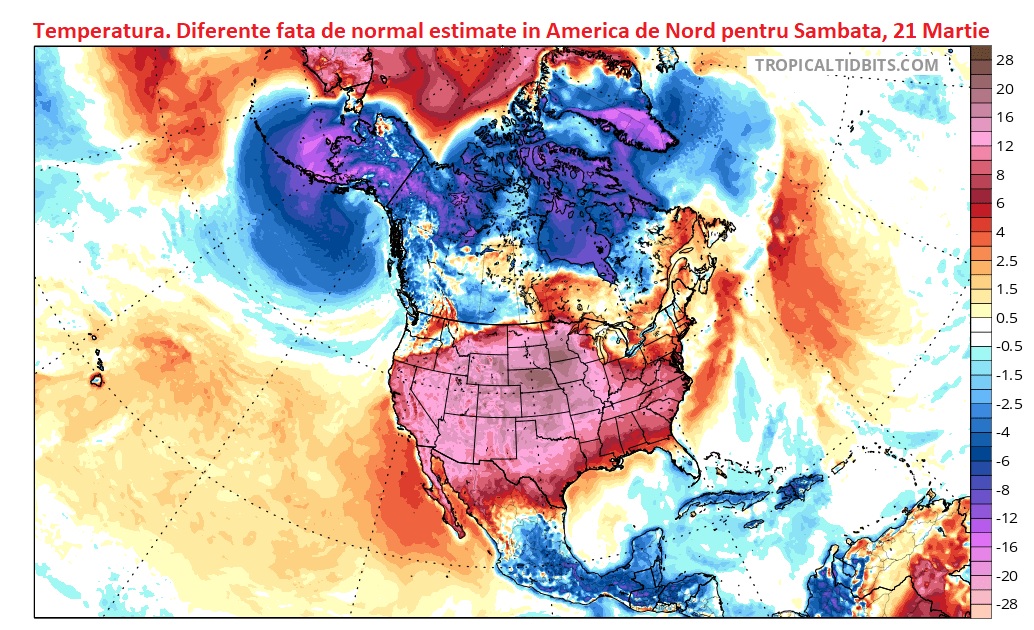 Diferente fata de normal ale temperaturii estimate pentru Sambata, 21 Martie 2026