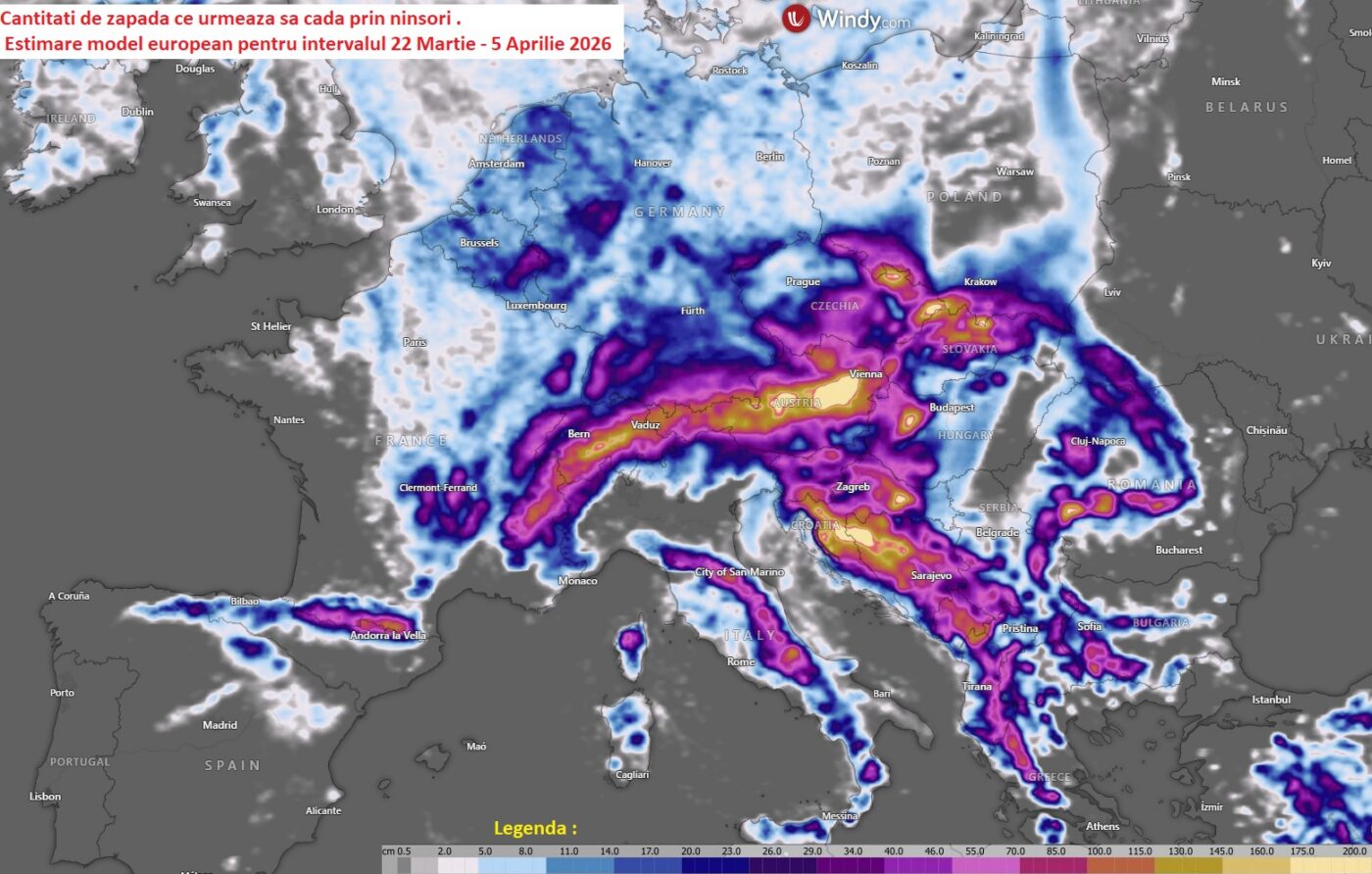 cantități de zăpadă din ninsori până pe 5 Aprilie 2026