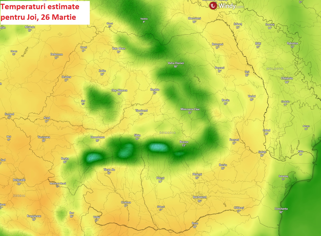 Temperaturi estimate pentru Joi, 26 Martie 2026