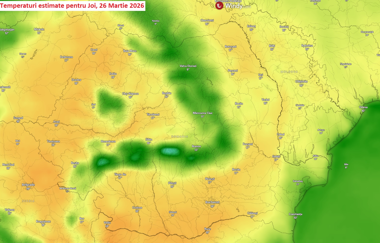 Temperaturi estimate pentru Joi, 26 Martie 2026
