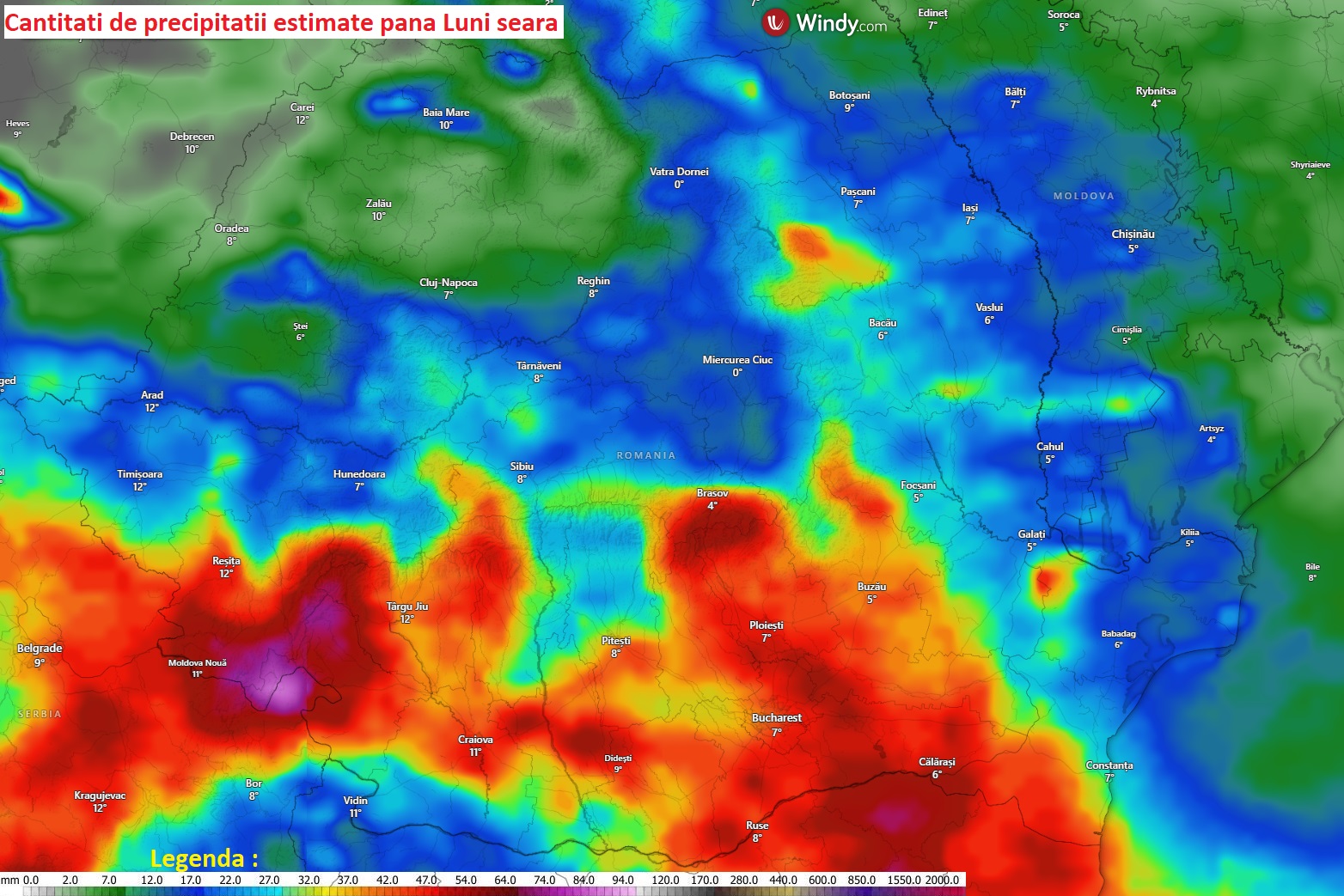 Cantități de precipitații estimate până Luni, 30 Martie 2026