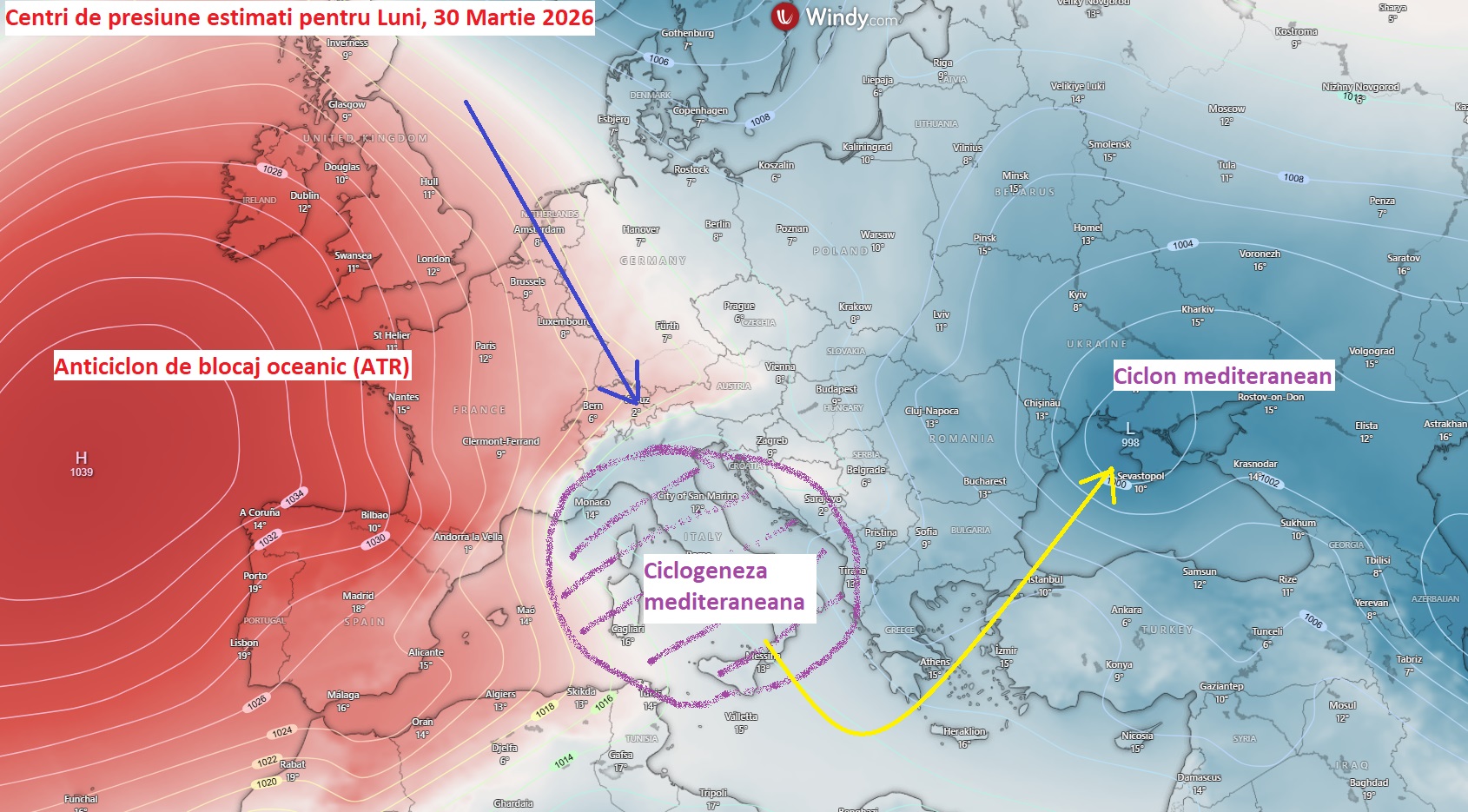 Așezarea centrilor de presiune în Europa estimată pentru Luni, 30 Martie 2026