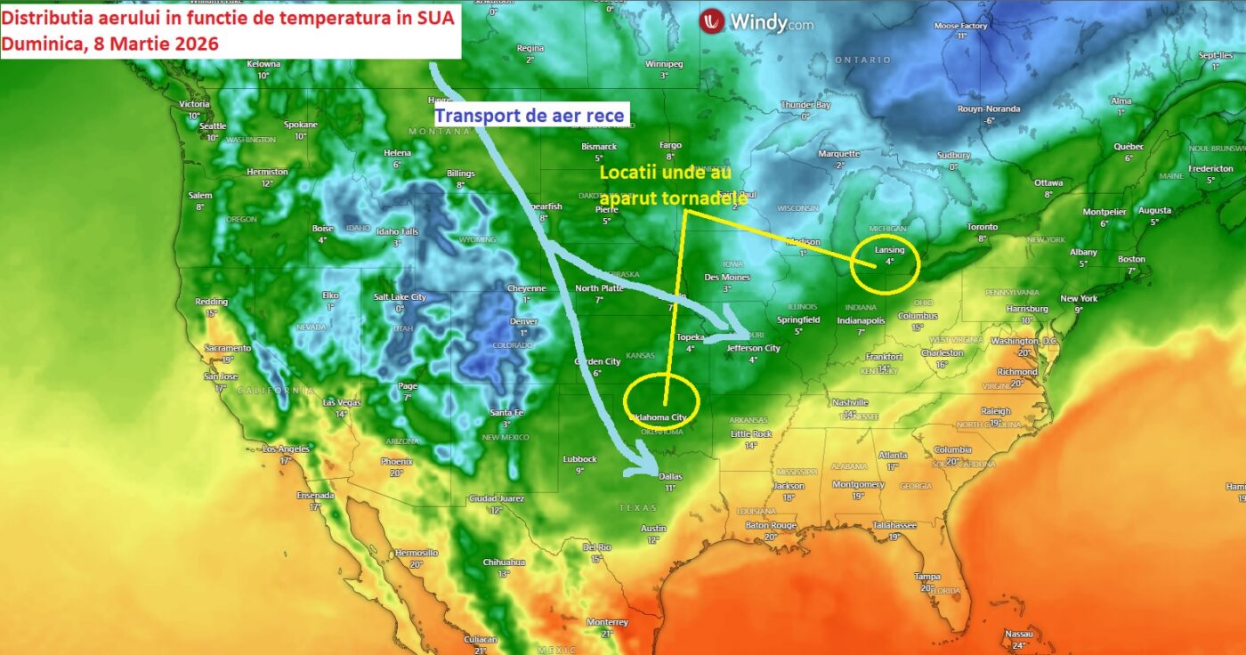 Distribuția aerului în funcție de temperatură, în SUA. 8 Martie 2026