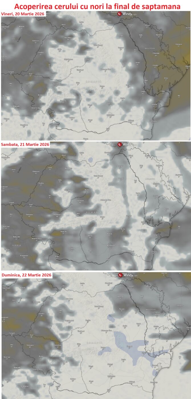 Acoperirea cerului cu nori, estimata pentru 20-22 Martie 2026