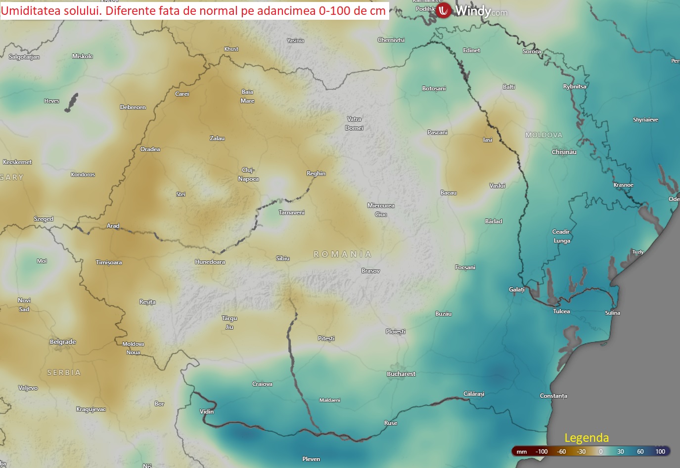 Umiditatea solului. Diferențe față de normal pe adâncimea 0-100 de centimetri