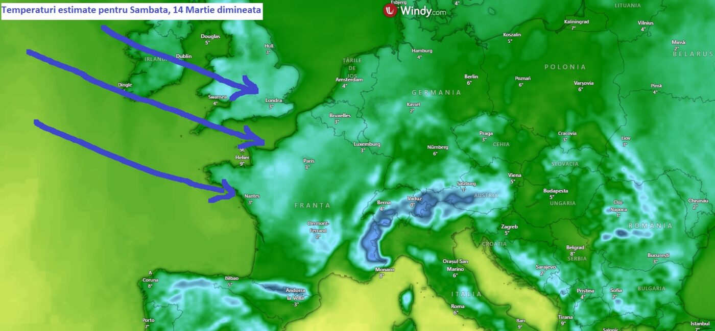 Temperaturi estimate pentru Sambata, 14 Martie dimineata