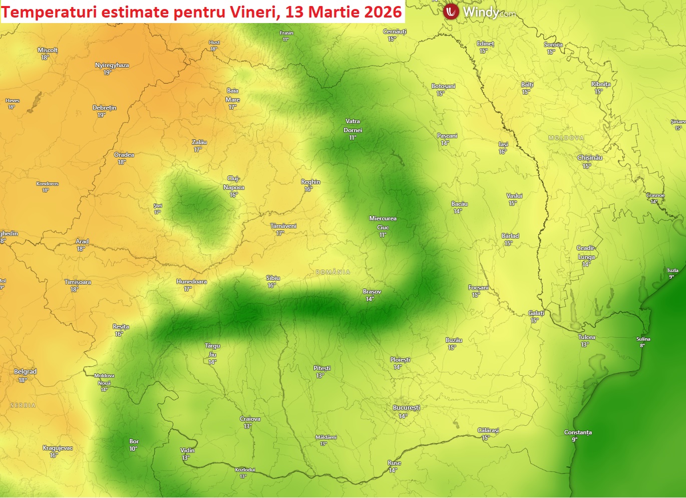 Temperaturi estimate pentru Vineri, 13 Martie 2026