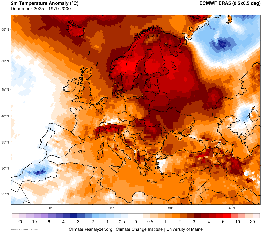 Diferente fata de medie ale temperaturii in Decembrie 2025