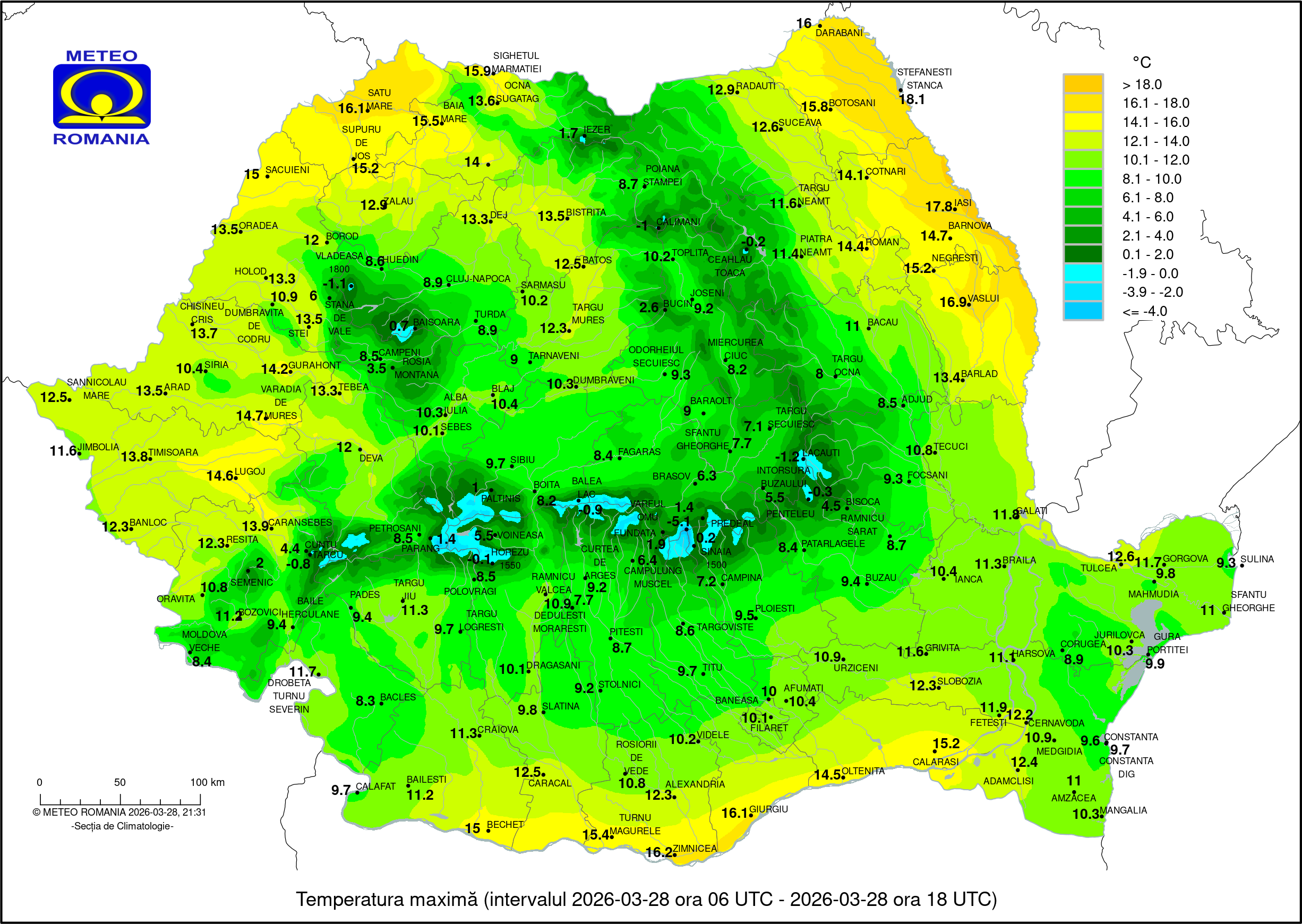 Temperaturi maxime în ziua de 28 Martie
