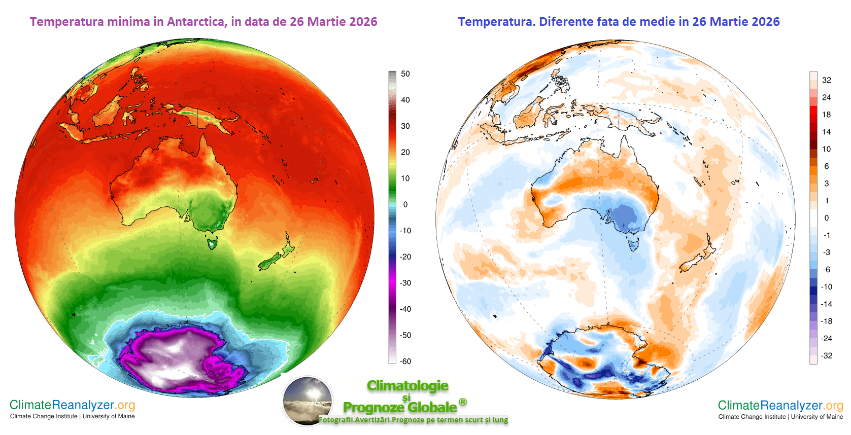 Temperatură minimă și diferența față de normal în data de 26 Martie 2026