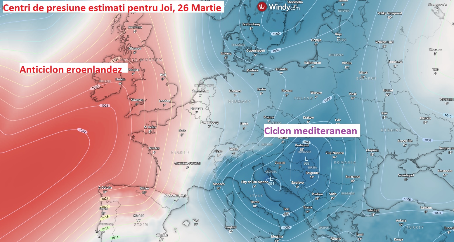Centri de presiune estimați pentru Joi, 26 Martie