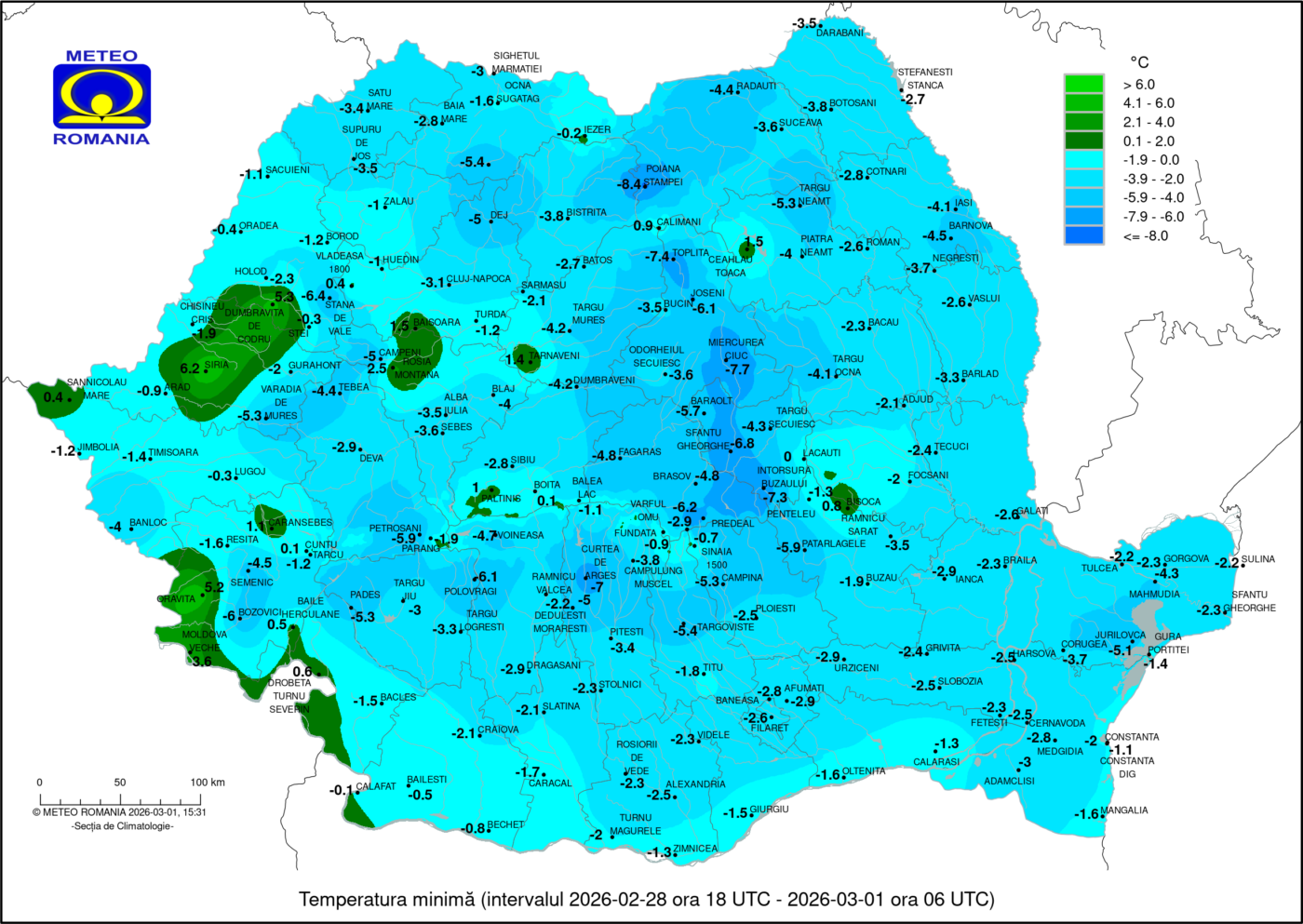 Temperaturi minime in noaptea de Sambata spre Duminica