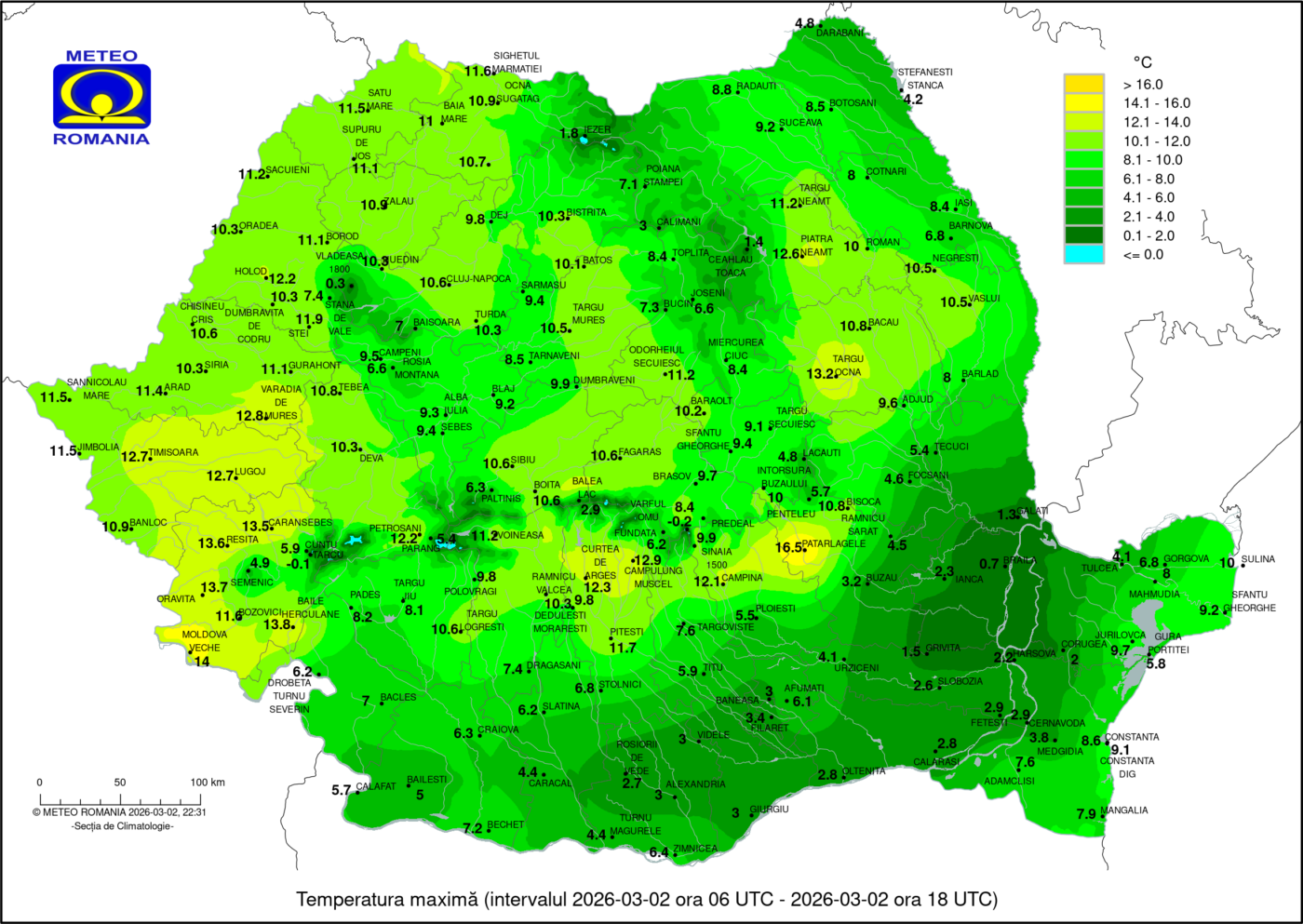 Temperatura maxima in ziua de 2 Martie 2026