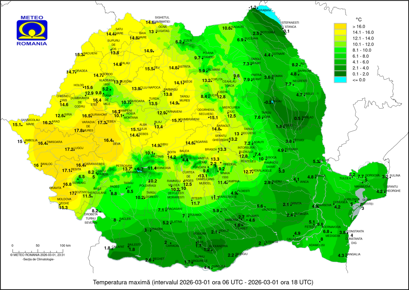 Temperaturi maxime in ziua de Duminica, 1 Martie