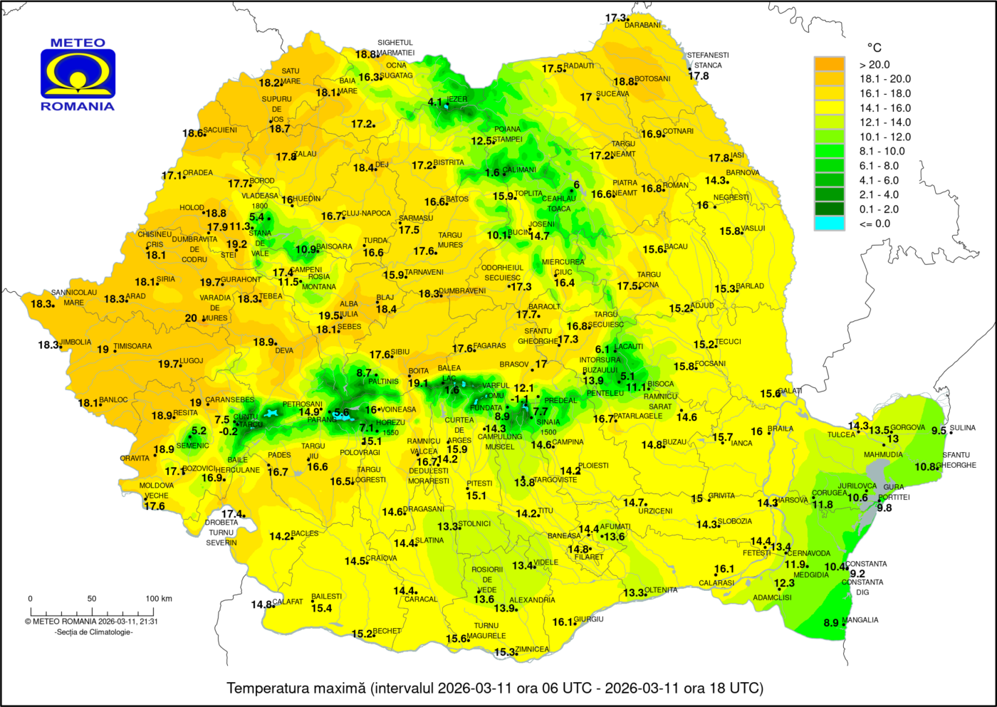 Temperatura maxima a zilei de 11 Martie 2026