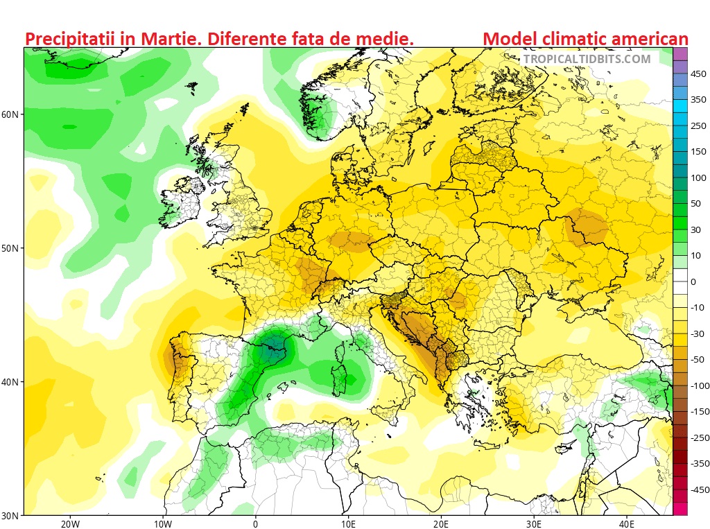 Precipitatii in Martie 2026. Diferente fata de medie. Model american