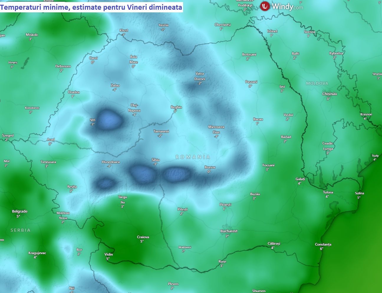 Temperaturi minime estimate pentru Vineri, 20 Martie 2026