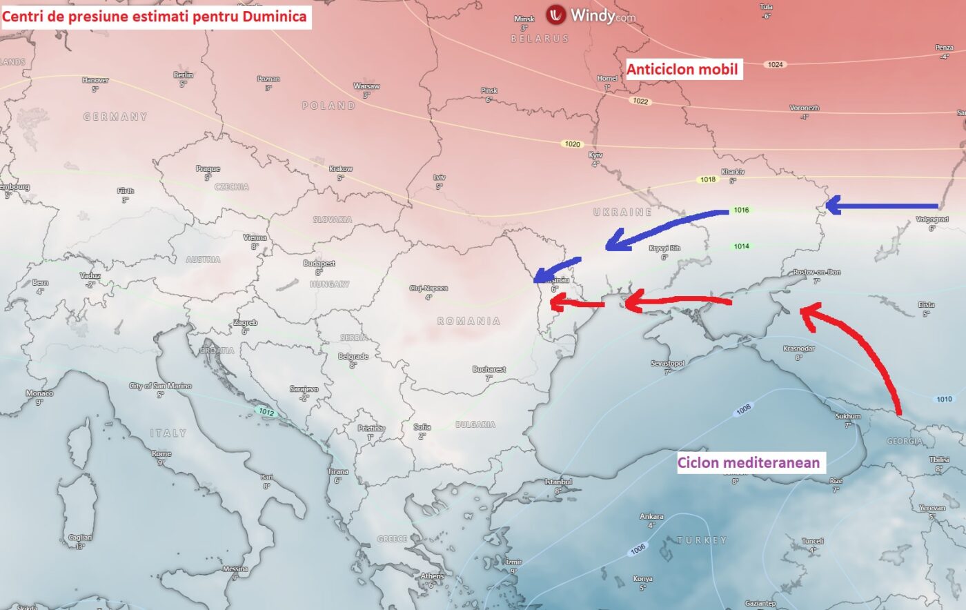 Centri de presiune estimati pentru Duminica si schita privind transporturile de aer