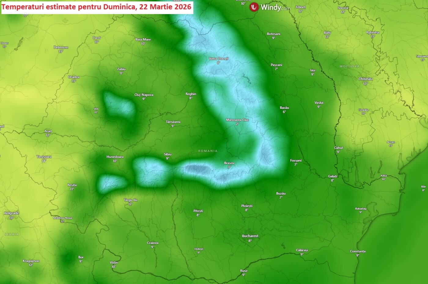 Temperaturi estimate pentru Duminică, 22 Martie 2026