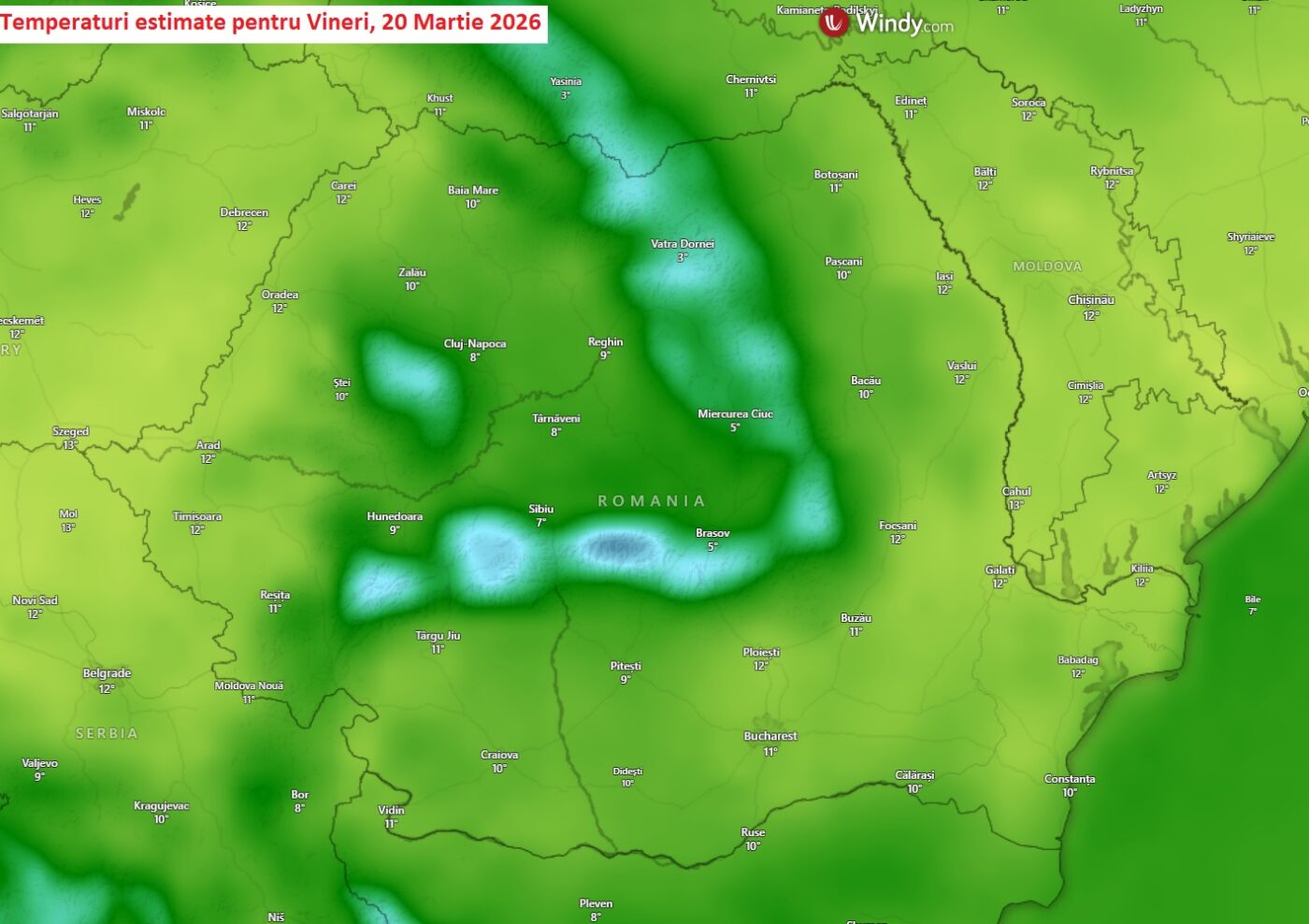 Temperaturi estimate pentru Vineri, 20 Martie 2026