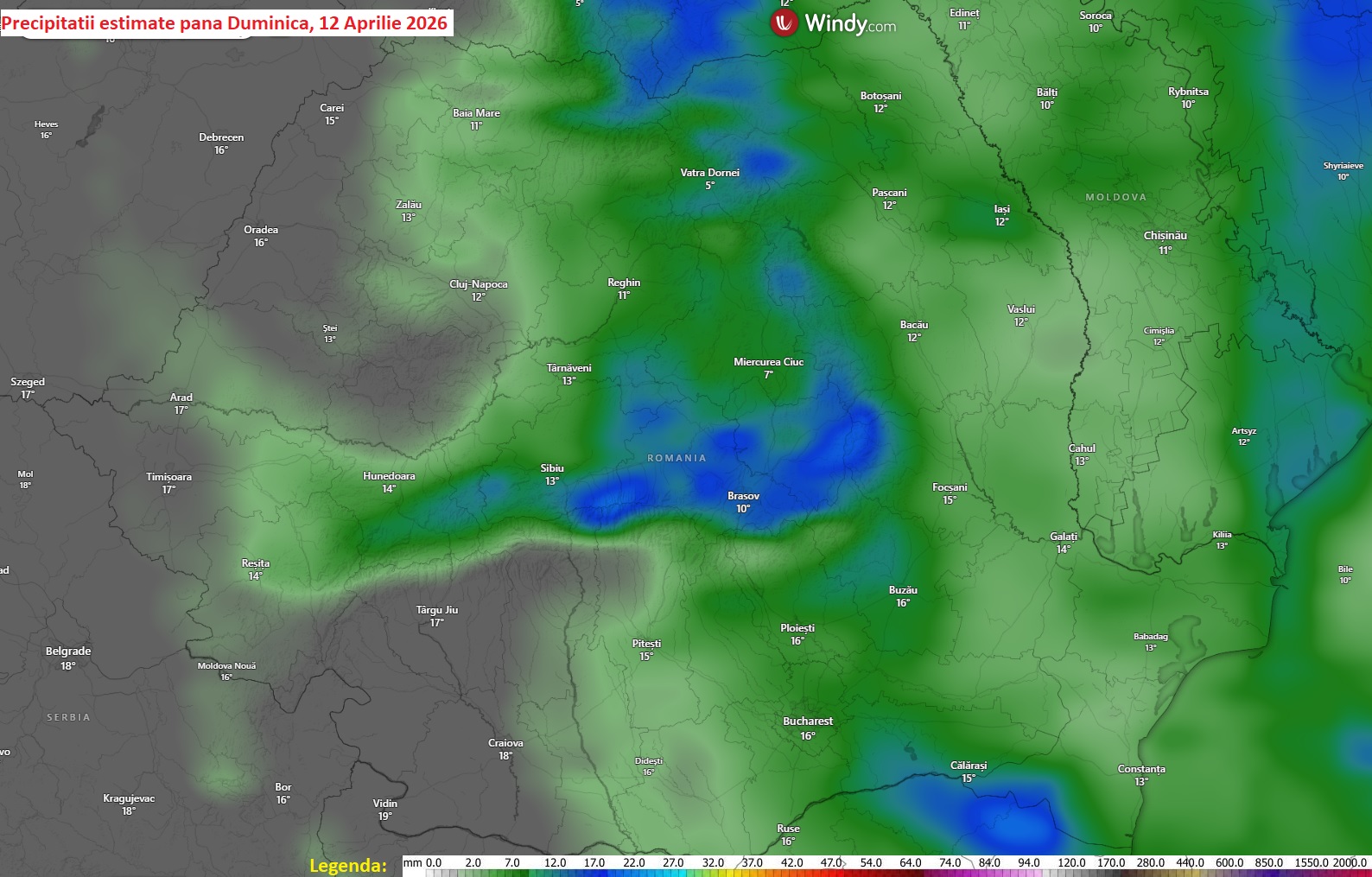 Precipitatii estimate pana Duminica, 12 Aprilie 2026