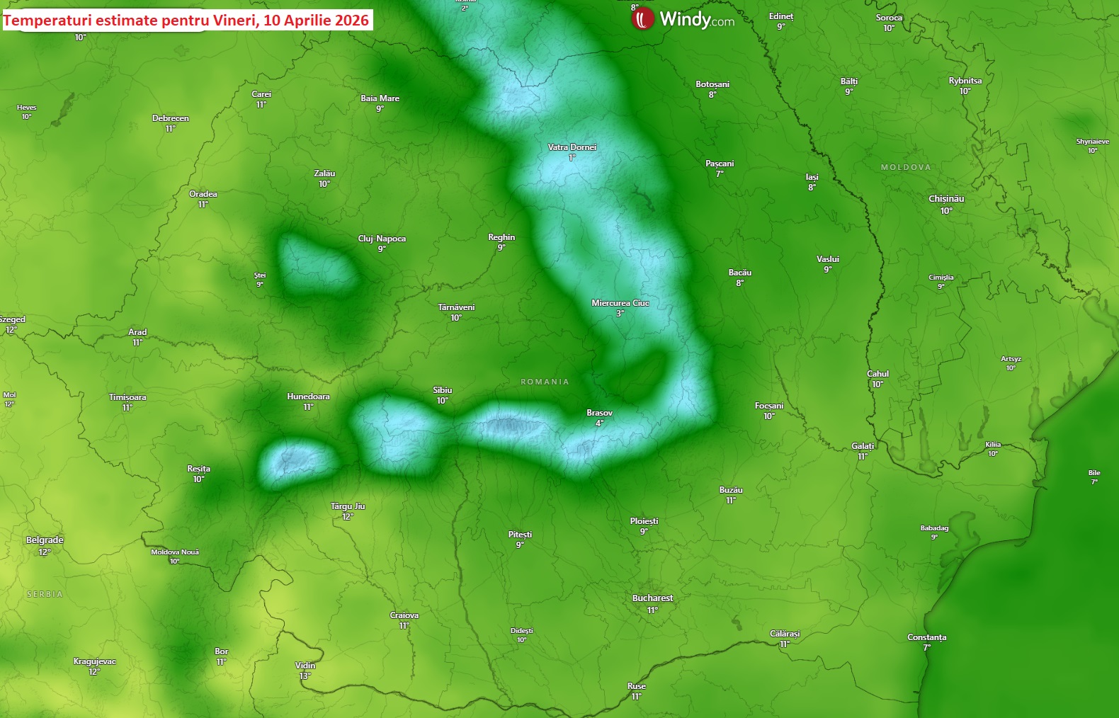 Temperaturi estimate pentru Vineri, 10 Aprilie 2026