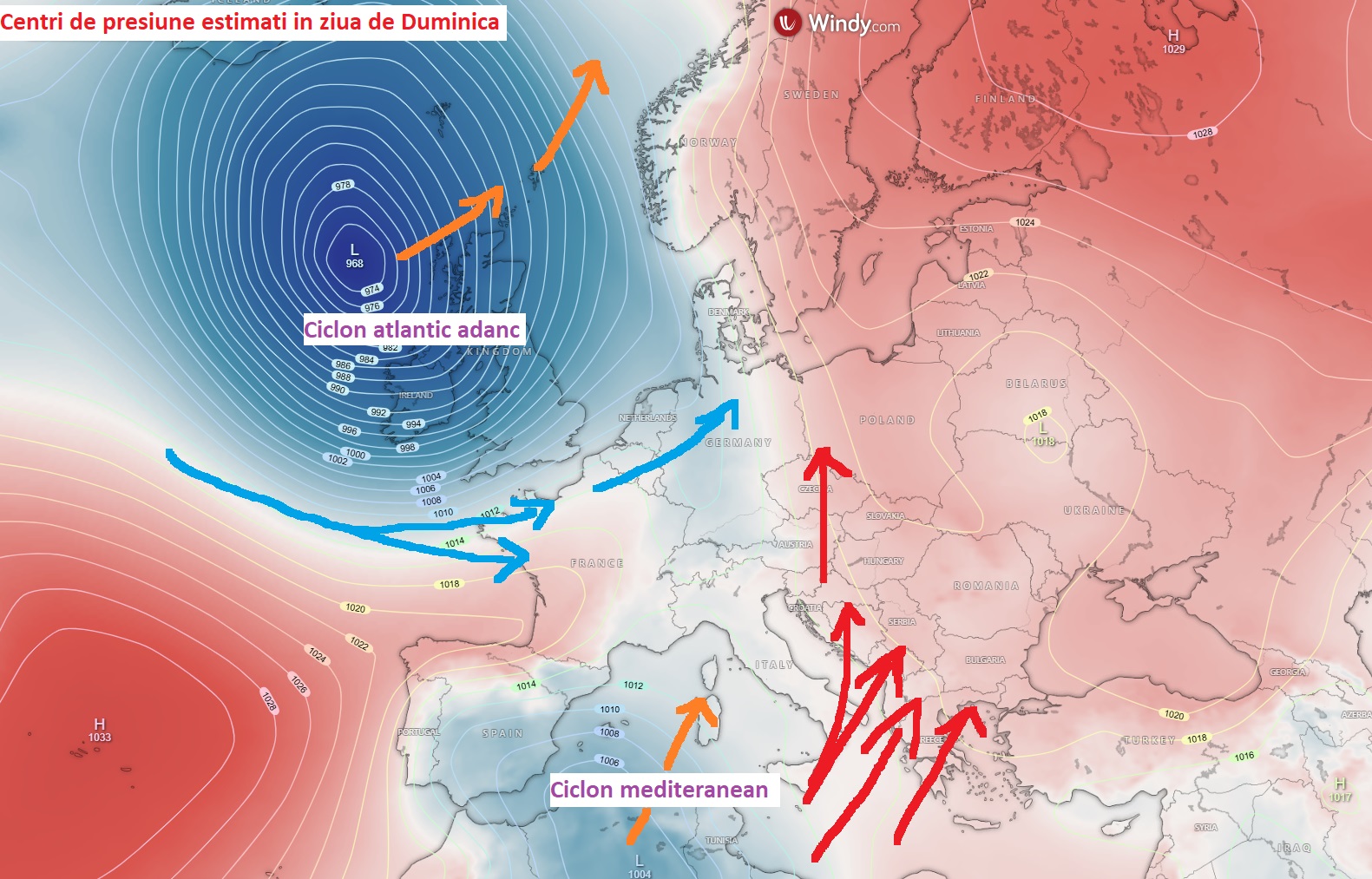 Centri de presiune estimati pentru Duminica, 12 Martie 2026