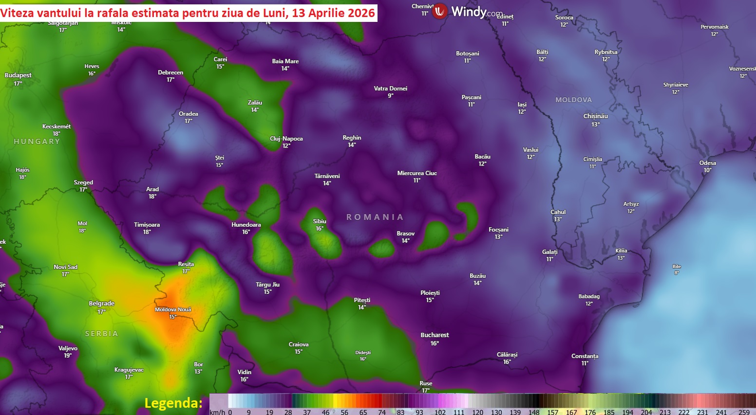 Viteza vantului la rafala estimata pentru Luni, 13 Aprilie 2026