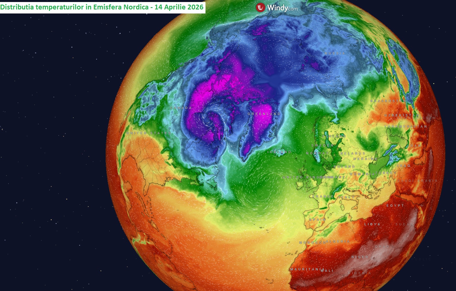Temperaturi in Emisfera Nordica, Marti, 14 Aprilie 2026