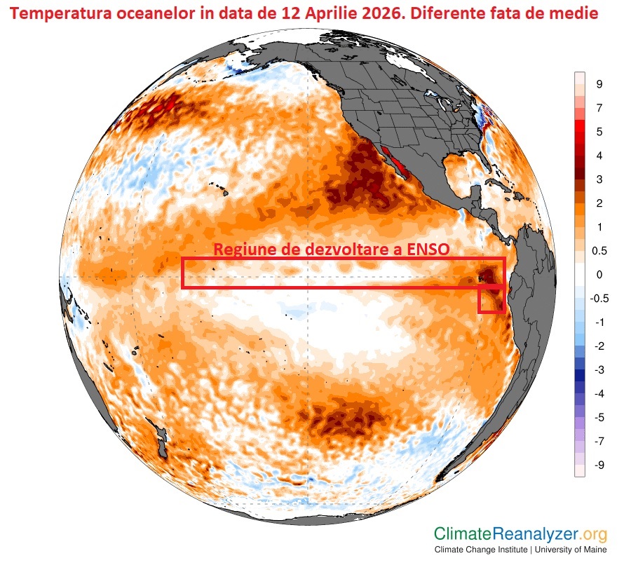 Temperatura marilor si oceanelor in data de 12 Aprilie 2026. Diferente fata de medie