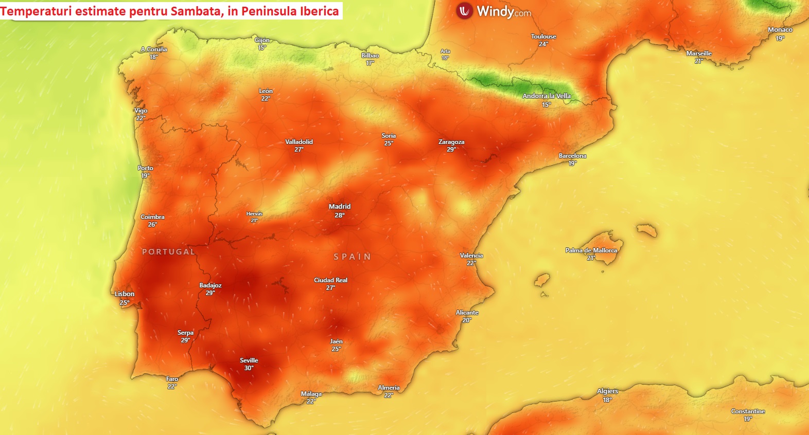 Temperaturi estimate pentru Sambata in zona Spaniei