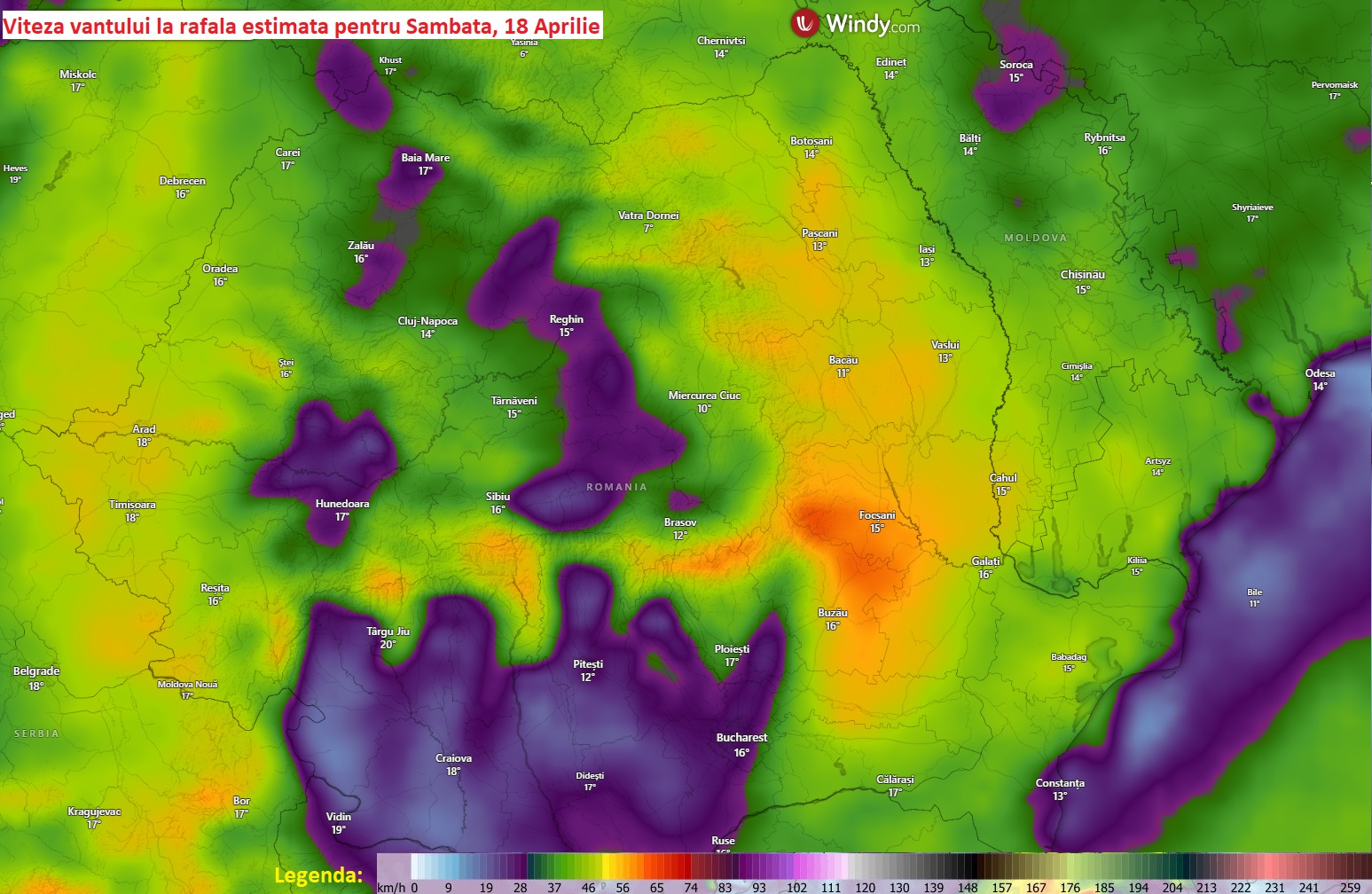 Viteza vantului la rafala estimata pentru Sambata, 18 Aprilie 2026