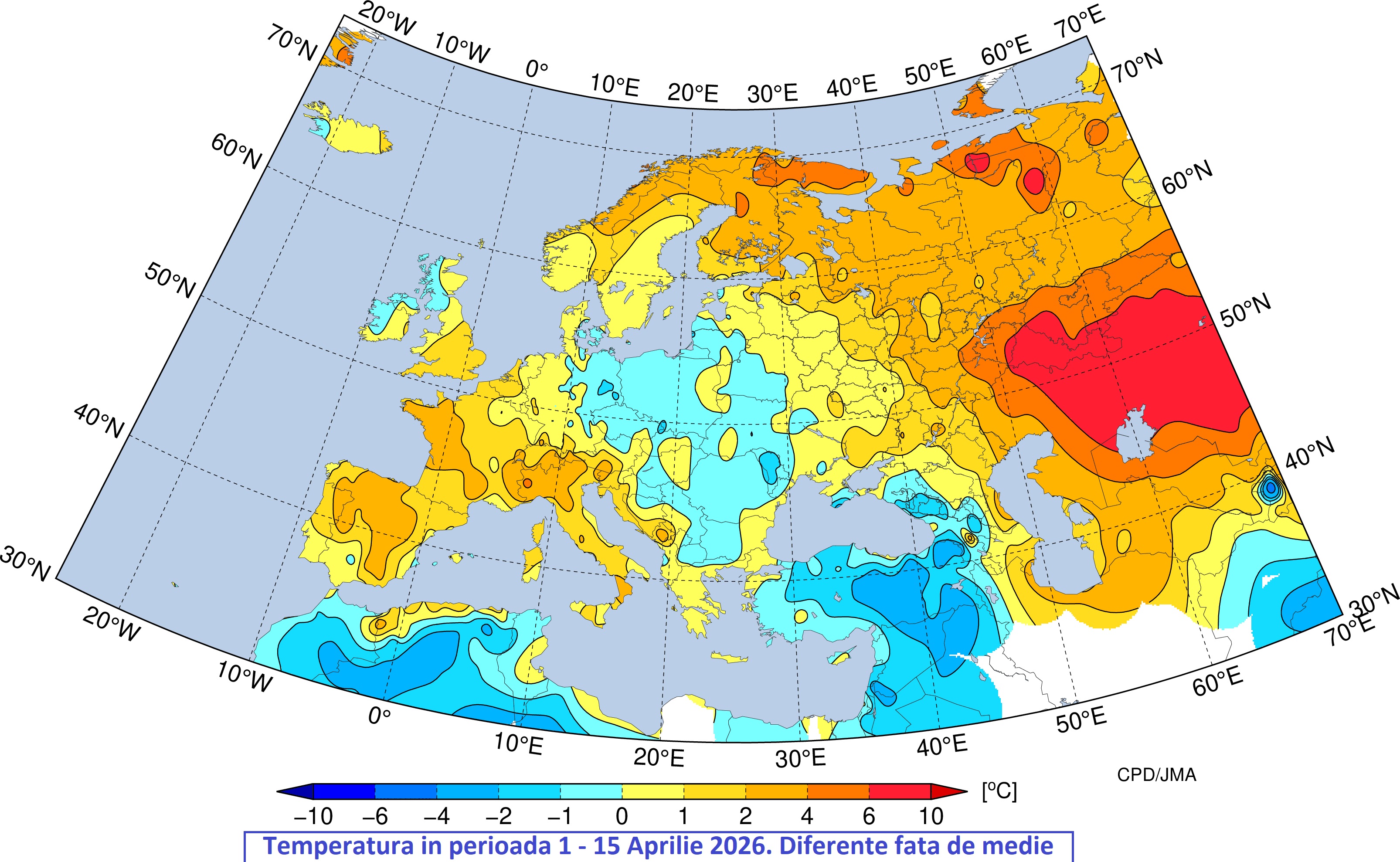Temperatura medie din prima jumatate a lui Aprilie. Diferente fata de normal