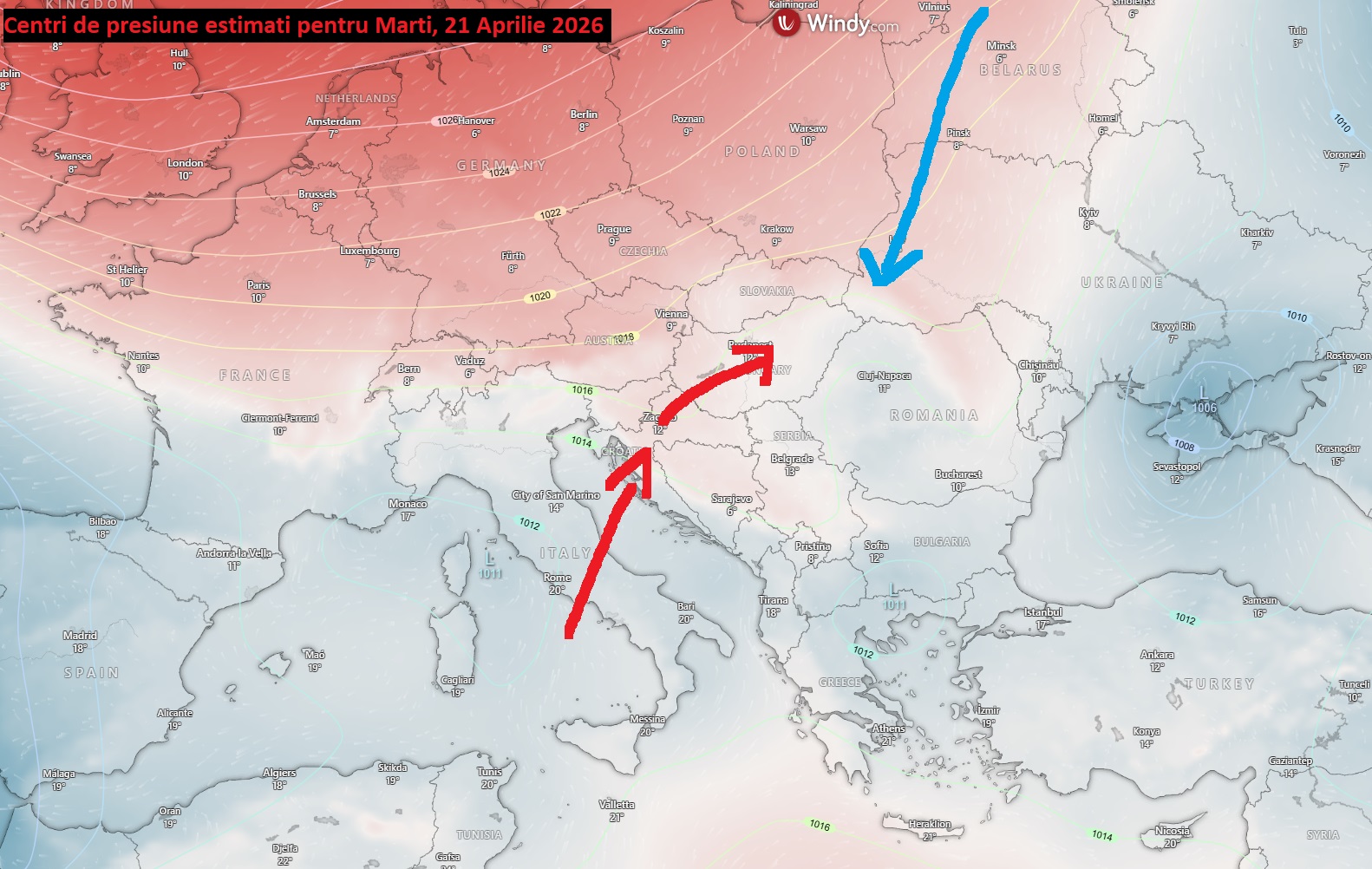 Centri de presiune estimati pentru Marti, 21 Aprilie 2026